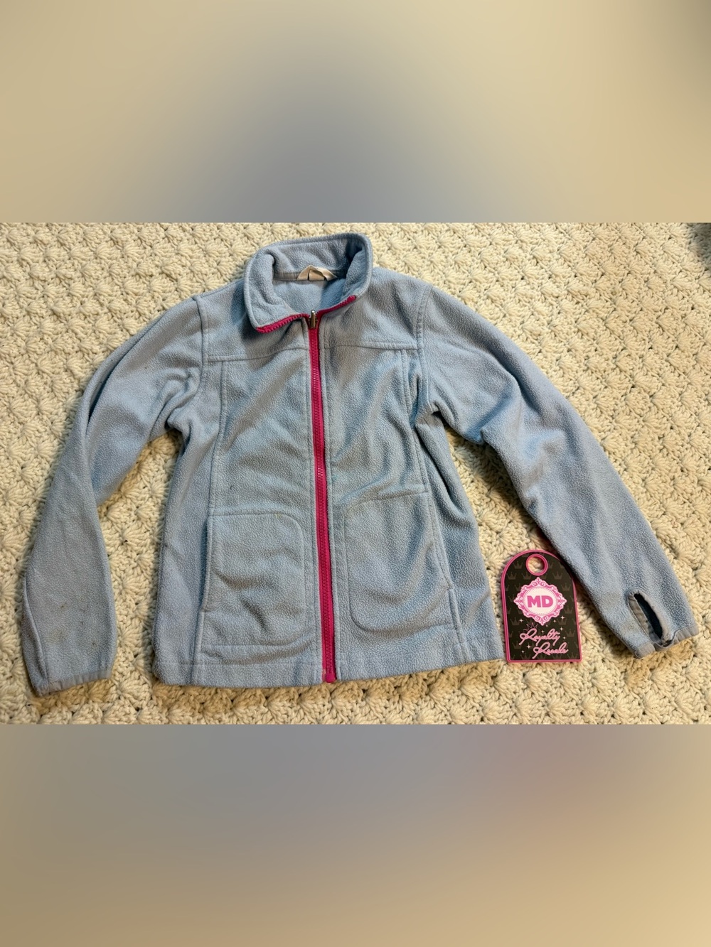 Lands' End Light Blue Fleece Jacket with Pink Trim